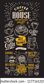 Coffee restaurant menu vector drink flyer for bar and cafe on blackboard background. Design template with vintage hand-drawn food illustrations.