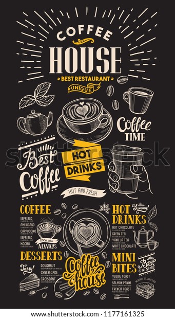 黒板の背景にバーとカフェ用のコーヒーレストランのメニューベクタードリンクフライヤー ビンテージ手描きの食べ物イラストを使ったデザインテンプレート のベクター画像素材 ロイヤリティフリー Shutterstock