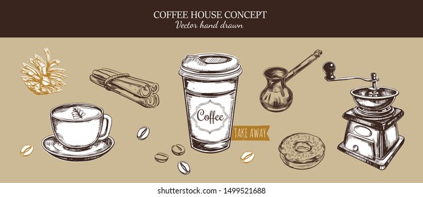 Coffee restaurant and shop vector illustrations. Vector hand drawn. Coffee to go cup and coffee beans, cinnamon stick, donut in vintage style