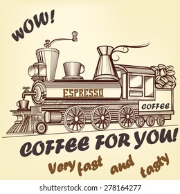 Coffee retro advertising poster imitation with train used like coffee mill
