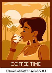 Coffee retro background, poster, card. Young woman has a rest under palm trees and enjoys a cup of coffe. Beautiful summer view with clouds, sun, mountains and palm trees