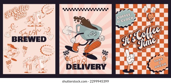 Coffee retro cartoon fast food posters. Comic character, slogan, quotes and other elements for burger bar, cafe, restaurant. Groovy funky vector illustration in trendy retro cartoon style.	