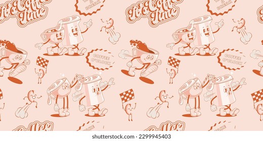 Coffee retro cartoon fast food seamless pattern. Comic character, slogan, quotes and other elements for burger bar, cafe, restaurant. Groovy funky trendy vector illustration and background.