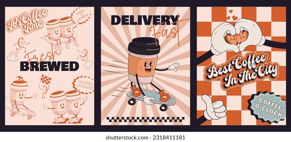 Coffee retro cartoon fast food posters and cards. Comic character slogan quote and other elements for burger bar restaurant. Social media templates stories posts. Groovy funky vector illustration.