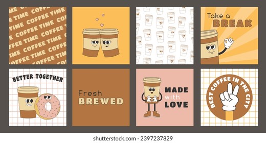 Coffee retro cartoon posters and cards. Cute characters, patterns and slogan quotes in trendy retro style. Vector illustration