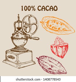 Coffee retro hand grinder with cocoa fruits, ground coffee and seeds. Hand drawn Vector Illustration. Ink pen sketch for menus, cards and templates