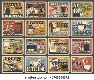 Coffee retro posters, coffee makers, cafe and cafeteria vector vintage signs. Coffeehouse hot takeaway americano and espresso hot cup, croissant and donuts, coffee beans mill and maker