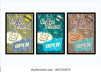 Coffee retro tin sign vector illustration  for cafe bar interior decoration or promotional material. Vintage poster template with coffee cup and coffee beans