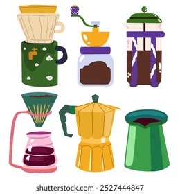 Coffee retro vector icons. Coffee maker, coffee beans in kraft paper, grinder and other appliances for preparing hot drinks. Design elements perfect for cafe menu, coffee shop posters