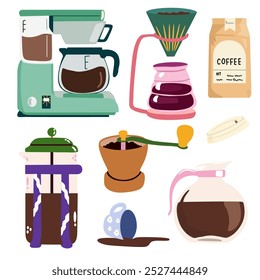 Coffee retro vector icons. Coffee maker, coffee beans in kraft paper, grinder and other appliances for preparing hot drinks. Design elements perfect for cafe menu, coffee shop posters