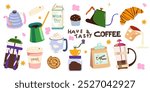 Coffee retro vector stickers big set. Design elements perfect for cafe menu, restaurant posters, card, invitation. Coffee maker, coffee beans in kraft paper, paper coffee cup, teapot and sweet