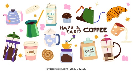 Coffee retro vector stickers big set. Design elements perfect for cafe menu, restaurant posters, card, invitation. Coffee maker, coffee beans in kraft paper, paper coffee cup, teapot and sweet