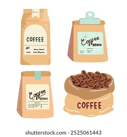 Coffee retro vector stickers set. Abstract posters for the kitchen and coffee shop. Coffee makers, coffee beans in a bag, in kraft paper, latte in a paper cup