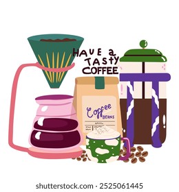 Coffee retro vector stickers set. Abstract posters for the kitchen and coffee shop. Coffee makers, coffee beans in a bag, in kraft paper, latte in a paper cup