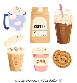 Coffee retro vector stickers set. Abstract posters for the kitchen and coffee shop. Coffee makers, coffee beans in a bag, in kraft paper, latte in a paper cup