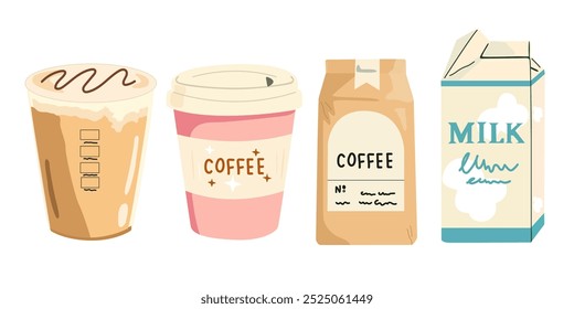 Coffee retro vector stickers set. Abstract posters for the kitchen and coffee shop. Coffee makers, coffee beans in a bag, in kraft paper, latte in a paper cup