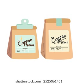 Coffee retro vector stickers set. Abstract posters for the kitchen and coffee shop. Coffee makers, coffee beans in a bag, in kraft paper, latte in a paper cup