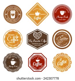 Coffee retro vintage premium quality natural product smooth taste always fresh labels set isolated vector illustration.