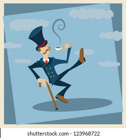 Coffee Retro/Vector Illustration of a Man Drinking at Tea Time