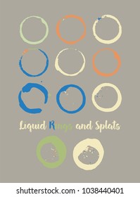Coffee Rings Colored Logos. Coffee Shop Vector Design Element. Round Shapes, Funky Juice Splatter. Round Borders, Cup, Mug Marks. Round Button, Painted Frame, Coffee Shop Logos. Cool Doodle Ink Smears