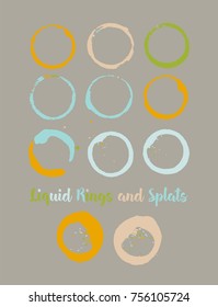 Coffee Rings Colored Logos. Coffee Shop Vector Design Element. Round Shapes, Funky Juice Splatter. Round Borders, Cup, Mug Marks. Round Button, Painted Frame, Coffee Shop Logos. Cool Doodle Ink Smears