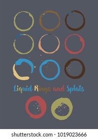 Coffee Rings and Splats. Vector Vintage Coffee Shop Logo Stamp. Colorful Water Splatter. Round Borders, Frames, Cup, Mug Stains, Liquid Coffee Rings, Watercolor Splats. Dark Grey, Orange, Blue Frames.