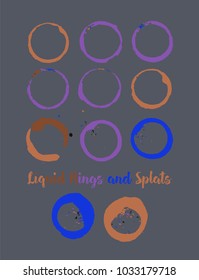 Coffee Rings and Splats. Vector Vintage Coffee Shop Logo Stamp. Colorful Water Splatter. Round Borders, Frames, Cup, Mug Stains, Liquid Coffee Rings, Watercolor Splats. Dark Grey, Orange, Blue Frames.
