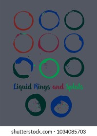 Coffee Rings and Splats. Vector Vintage Coffee Shop Logo Stamp. Colorful Water Splatter. Round Borders, Frames, Cup, Mug Stains, Liquid Coffee Rings, Watercolor Splats. Dark Grey, Orange, Blue Frames.