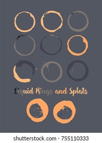 Coffee Rings and Splats. Vector Vintage Coffee Shop Logo Stamp. Colorful Water Splatter. Round Borders, Frames, Cup, Mug Stains, Liquid Coffee Rings, Watercolor Splats. Dark Grey, Orange, Blue Frames.