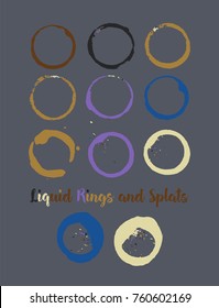 Coffee Rings and Splats. Vector Vintage Coffee Shop Logo Stamp. Colorful Water Splatter. Round Borders, Frames, Cup, Mug Stains, Liquid Coffee Rings, Watercolor Splats. Dark Grey, Orange, Blue Frames.