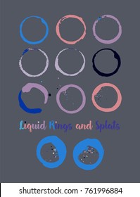 Coffee Rings and Splats. Vector Vintage Coffee Shop Logo Stamp. Colorful Water Splatter. Round Borders, Frames, Cup, Mug Stains, Liquid Coffee Rings, Watercolor Splats. Dark Grey, Orange, Blue Frames.