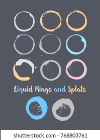 Coffee Rings and Splats. Vector Vintage Coffee Shop Logo Stamp. Colorful Water Splatter. Round Borders, Frames, Cup, Mug Stains, Liquid Coffee Rings, Watercolor Splats. Dark Grey, Orange, Blue Frames.