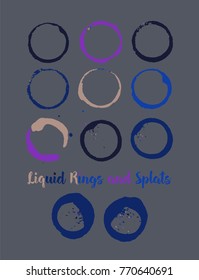 Coffee Rings and Splats. Vector Vintage Coffee Shop Logo Stamp. Colorful Water Splatter. Round Borders, Frames, Cup, Mug Stains, Liquid Coffee Rings, Watercolor Splats. Dark Grey, Orange, Blue Frames.