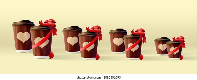 Coffee Ripple Cups Couples With A Ribbon and Heart Image
