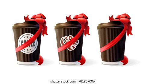 Coffee Ripple Cups with Red Bows Isolated on White Background