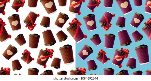 Coffee Ripple Cups With Red Ribbons and Heart Images Isolated on a White and Blue Background. 2 Square Seamless Patterns