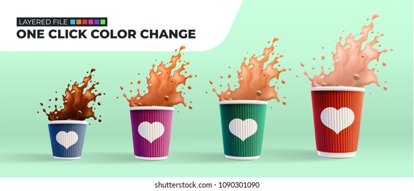 Coffee Ripple Cups With Splashes on Mint Green Background. Layered File. Easy One Click Color Change