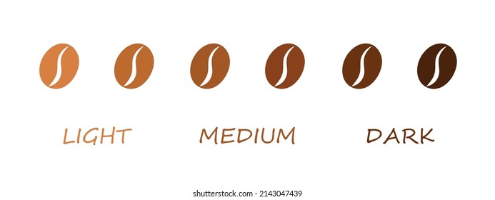 Coffee roast level - light, medium, dark icon. Vector illustration. Coffee beans isolated on white background.