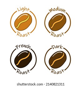 Coffee roast quality label set, sticker element. Isolated on white light, medium, french, dark caffeine bean type. Insignia for drink advertising, template tag collection, vector illustration