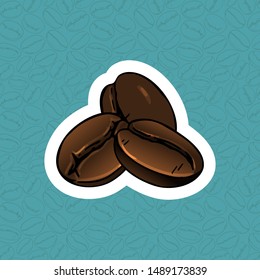 Coffee roasted bean with crack and etiquette with decorative composition from three coffee bean. Hand drawn vector graphic colored illustration.