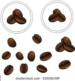 Coffee roasted bean with crack and two round etiquettes with decorative composition from three coffee bean. Hand drawn vector graphic colored illustration.