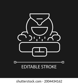 Coffee roaster white linear icon for dark theme. Factory preparation of seeds. Barista accessories. Thin line customizable illustration. Isolated vector contour symbol for night mode. Editable stroke