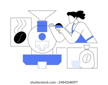 Coffee roastery abstract concept vector illustration. Barista roasts coffee, espresso preparation, service sector, horeca business, beans dropped into loaders, fragrant smell abstract metaphor.