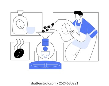 Coffee roastery isolated cartoon vector illustrations. Barista roasts specialty coffee, service sector, horeca business, beans dropped into loaders, fragrant smell, espresso bar vector cartoon.