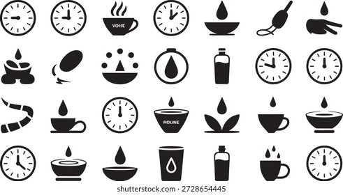 Coffee roasting and brewing icons featuring clocks and cups showcasing the coffee making process and time management in a simple black and white design
