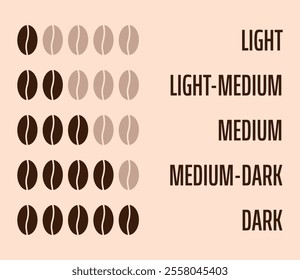 Coffee Roasting Levels - light, medium, dark. Degree of coffee beans roasting