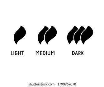 Coffee Roasting Levels for packaging design. Silhouette icon of curved flame symbol with lettering. Light, medium, dark text. Three degrees of roast of beans. Flat isolated vector, white background