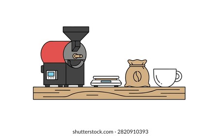Coffee roasting machine with a digital scale bag of beans and a cup on a wooden shelf surface.