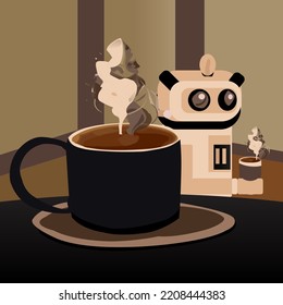 Coffee with robot.Skintones color blackgrond for use in banner wep , card.Vector illustration eps10.