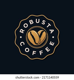 Coffee Robusta Sticker Label. Love Robusta Coffee Design Logo. Coffee Beans Shape Love Symbol Vector Graphic